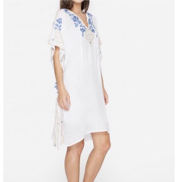 Johnny Was 3J Workshop White Blue Beige Embroidered Kaftan Dress Size Medium - Picture 3 of 10